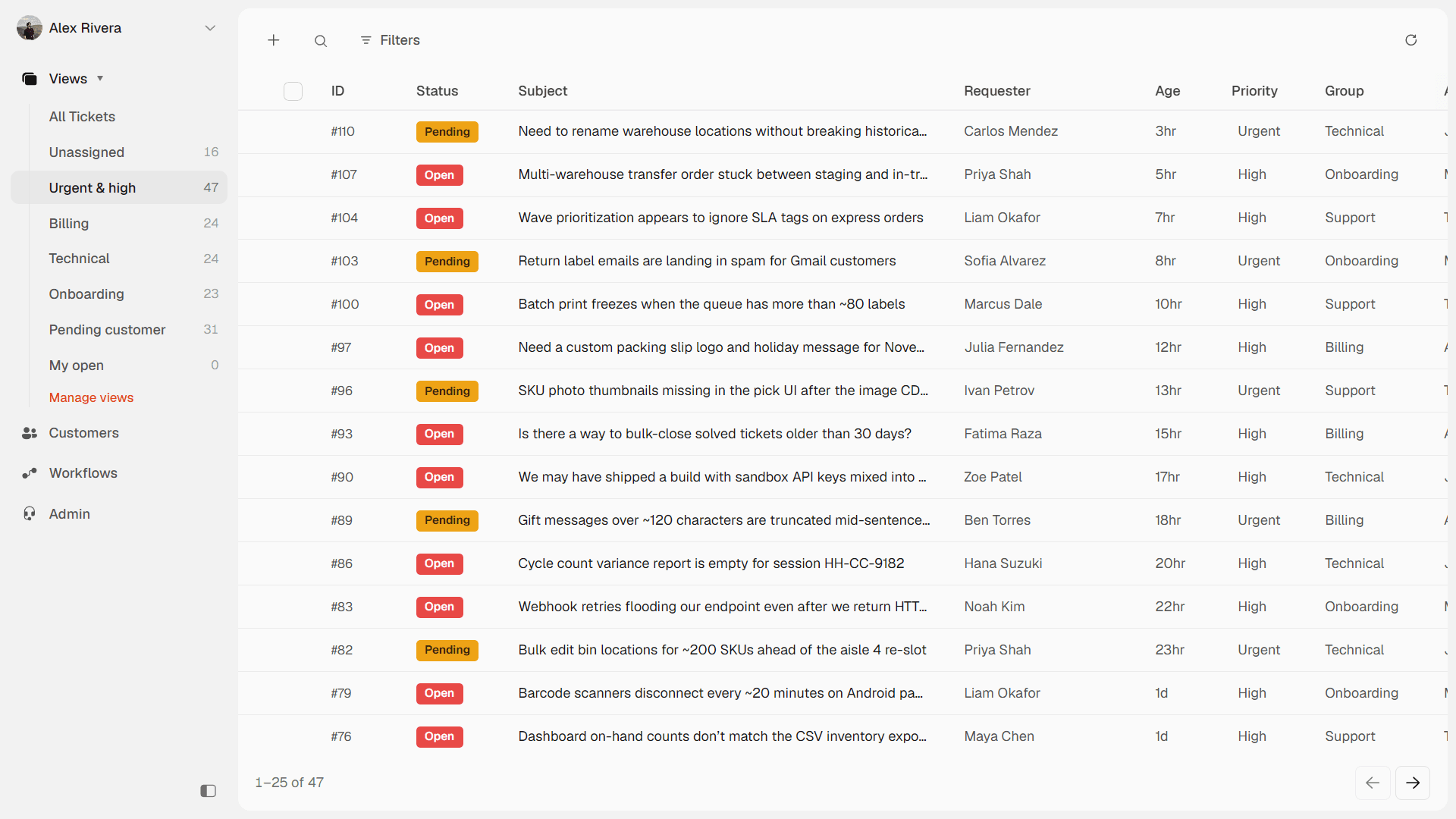 Ticket inbox screenshot